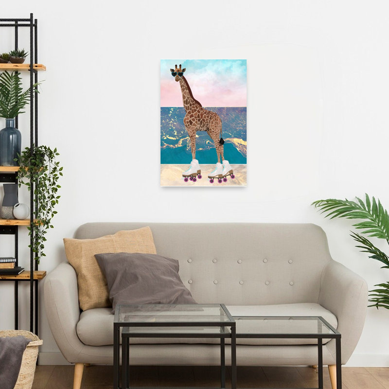 Cool Giraffe Roller Skates Playful Retro Whimsical Giraffe Beach Ocean Wall Art Print 1 Piece Wrapped Canvas Wall Art