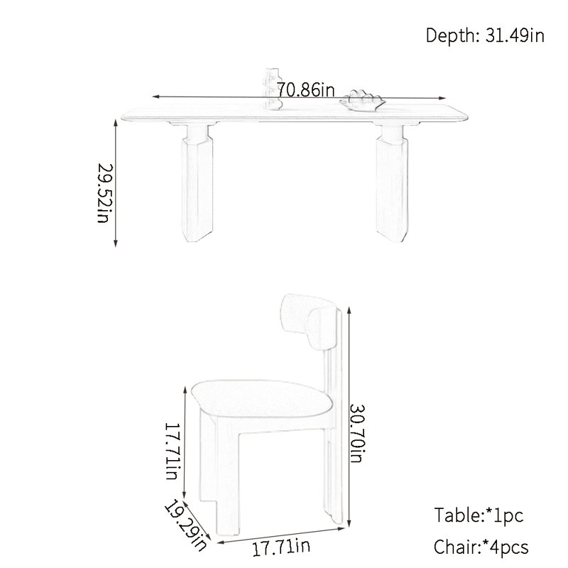 Ensembles de table de salle à manger à plaque de pierre épaissie, H 29,52 po x L 70,86 po x l 31,49 po