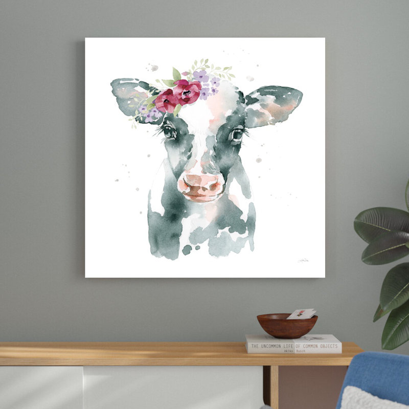 Floral Cow Pink Sq par - peinture sur toile tendue, H 36 po x l 36 po