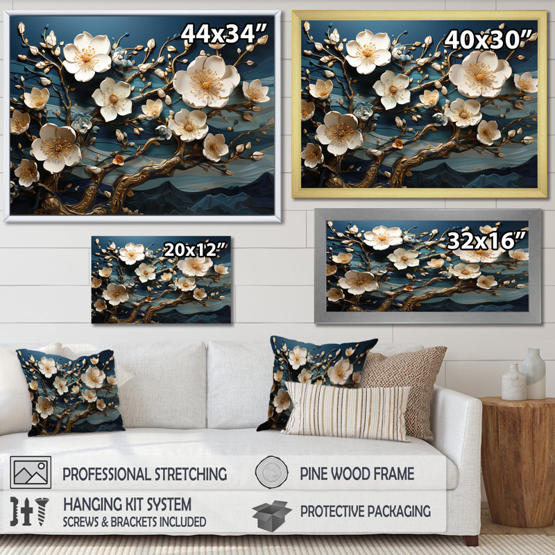 Orchidée blanche et bleue, branches d'arbre IV - arbre, art mural, Cadre flottant noir, H 16 po x l 32 po x P 1 po