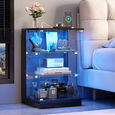 Table d'appoint de 60 cm de hauteur avec éclairage RVB, vitrine en verre à 3 niveaux avec port d'alimentation