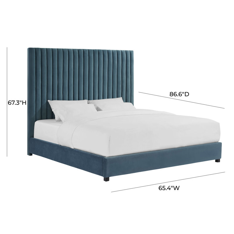 Solid Wood and Upholstered Low Profile Platform Bed, Sea Blue Velvet, Queen