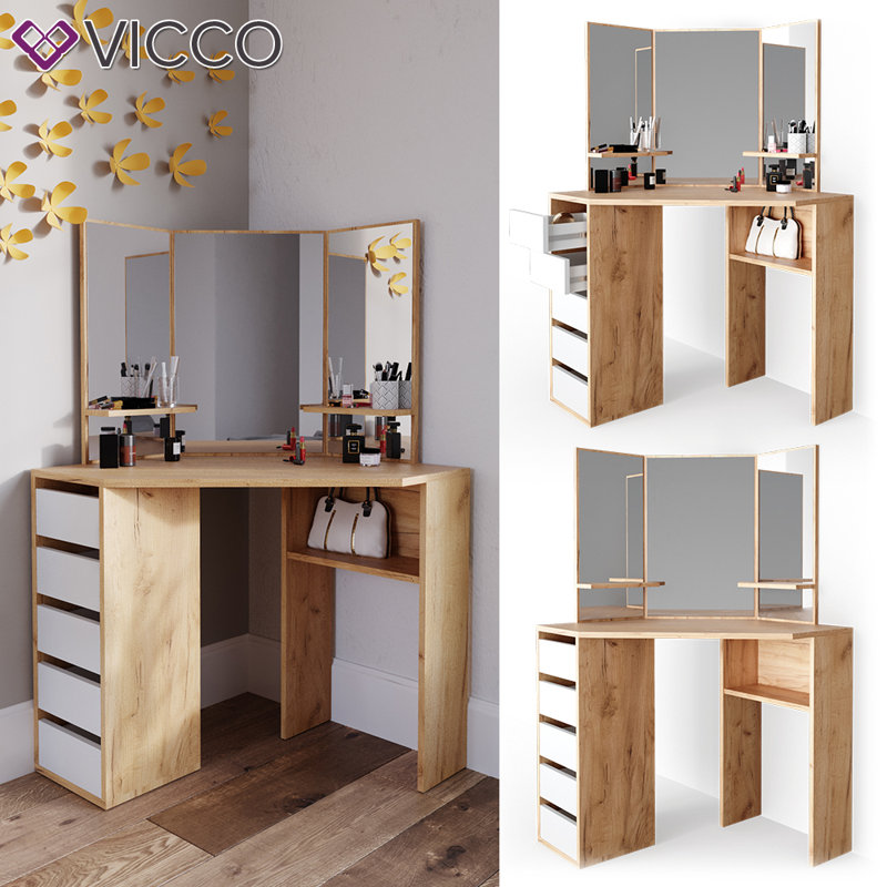 Koksal Dressing Table with Mirror, Beige/White