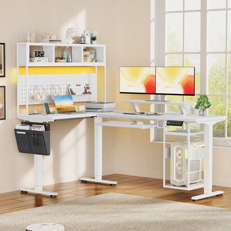 Adjustable Height L-shaped Standing Desk With Led Lights & Power Outlet, With Storage, White