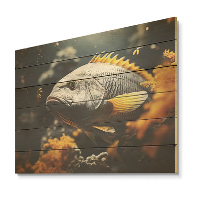 Monochromes de poissons jaunes et gris dansant I - corail côtier sous l'eau, art mural sur bois de pin naturel