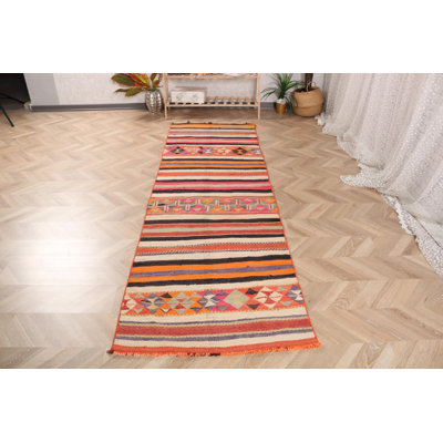 Authentic Turkish Kilim Runner Rug with a Vintage Design and Fringe Detail in Beige Boho Style