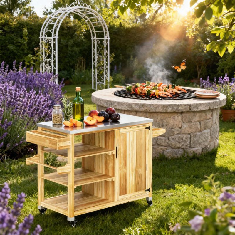 Îlot de cuisine d'extérieur polyvalent en bois massif avec chariot de barbecue, plateau en acier inoxydable et roulettes