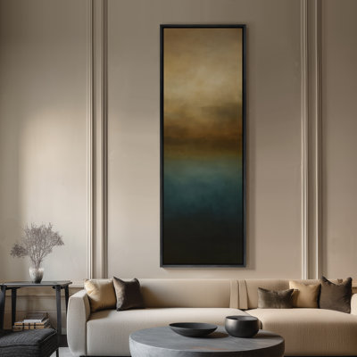 Large Framed Canvas Wall Art - Mist Abstract Earth Tone and Teal Hazy Horizon Prints - 60"x20"