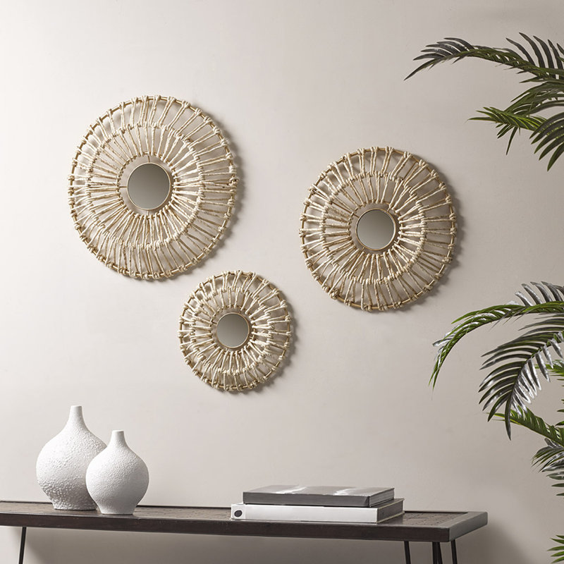 Ensemble de 3 décorations murales rondes en fibre naturelle et miroir