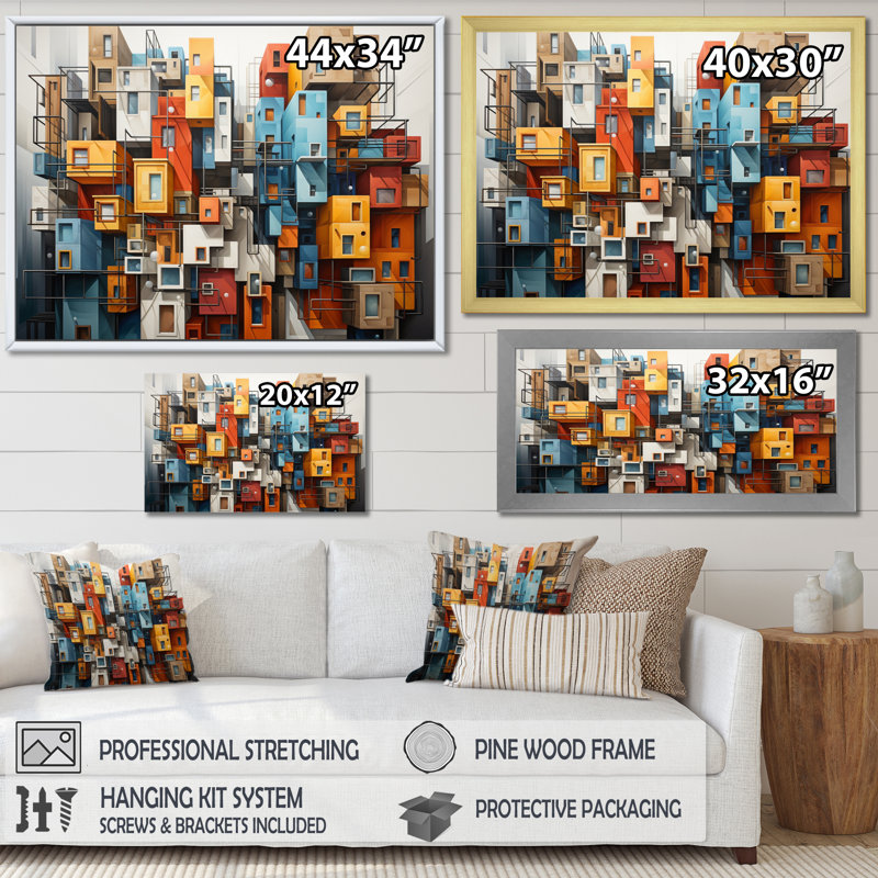 " Cityscape Bluiding Geometric Collage I ", 34" H x 44" W x 1.5" D, Gold Floater Framed