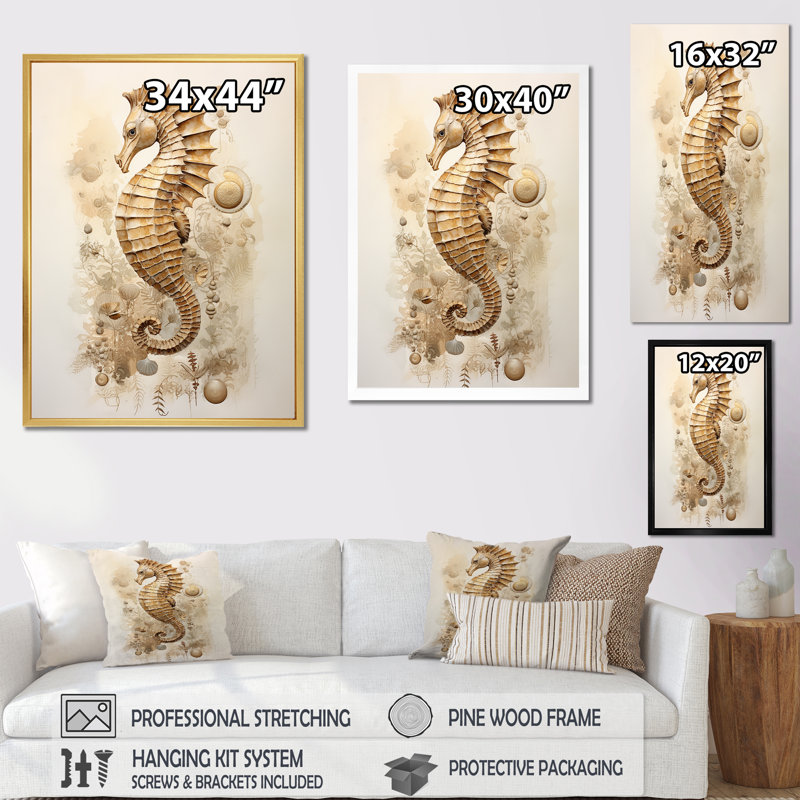 Hippocampe magique beige III sur toile, Cadre simple argenté, H 40 po x l 30 po x P 1,5 po