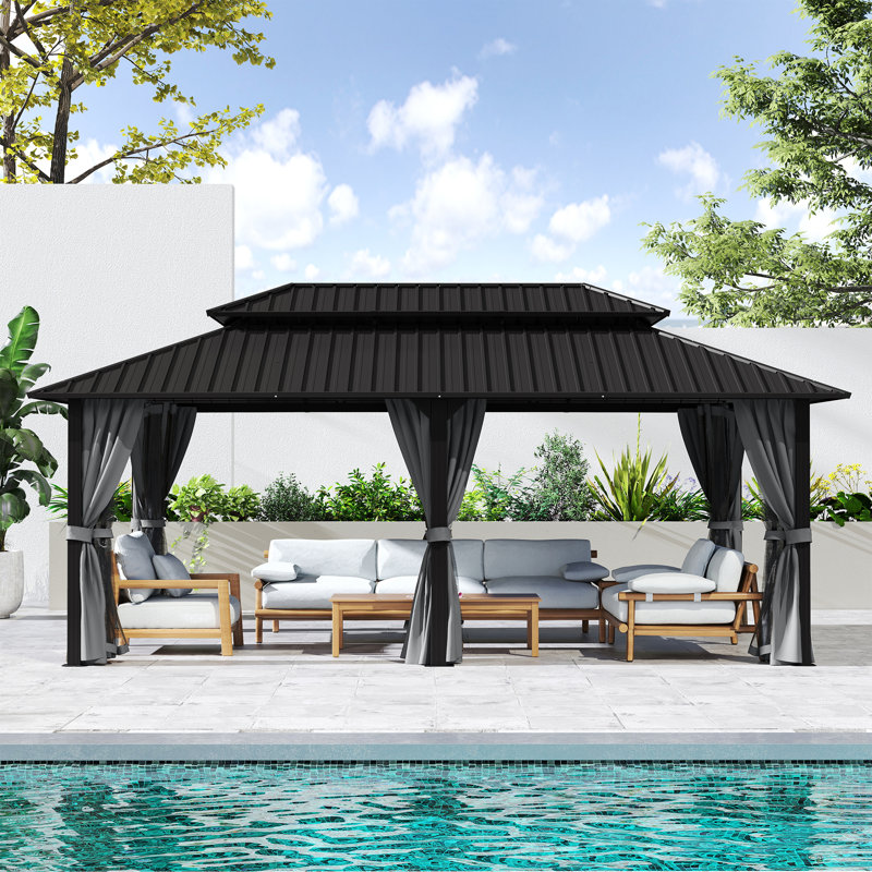 D Double Roof Hardtop Aluminum Patio Gazebo with Netting and Curtains, 77.3" H x 213.7" W x 122.3" D, Gray, Gray