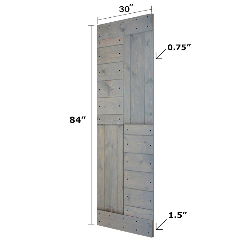 French Gray Paneled Pine Sliding Barn Door with Track Kit