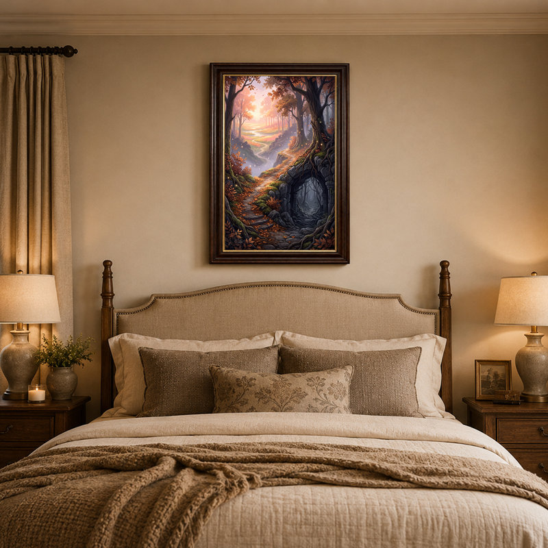 "Autumn Forest Path" avec arche de pierre et lumières brillantes, art mural, 18"H x 12"W