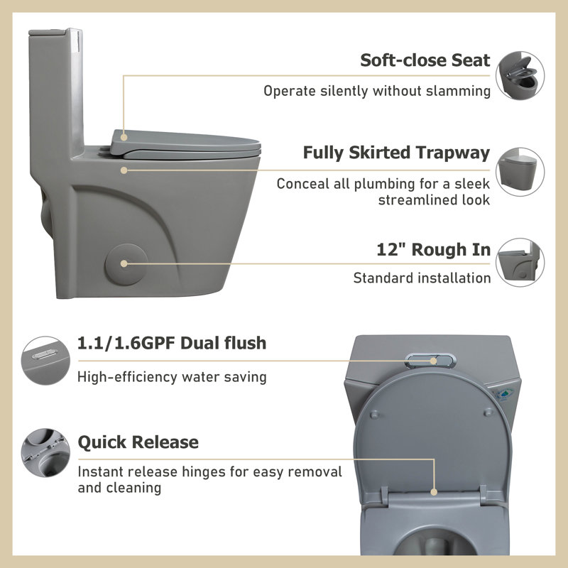 TONA 1.1/1.6 GPF Dual-Flush One Piece Elongated Toilet Floor Mounted Soft Close Toilet(Seat Included), Matte Gray, Light Gray