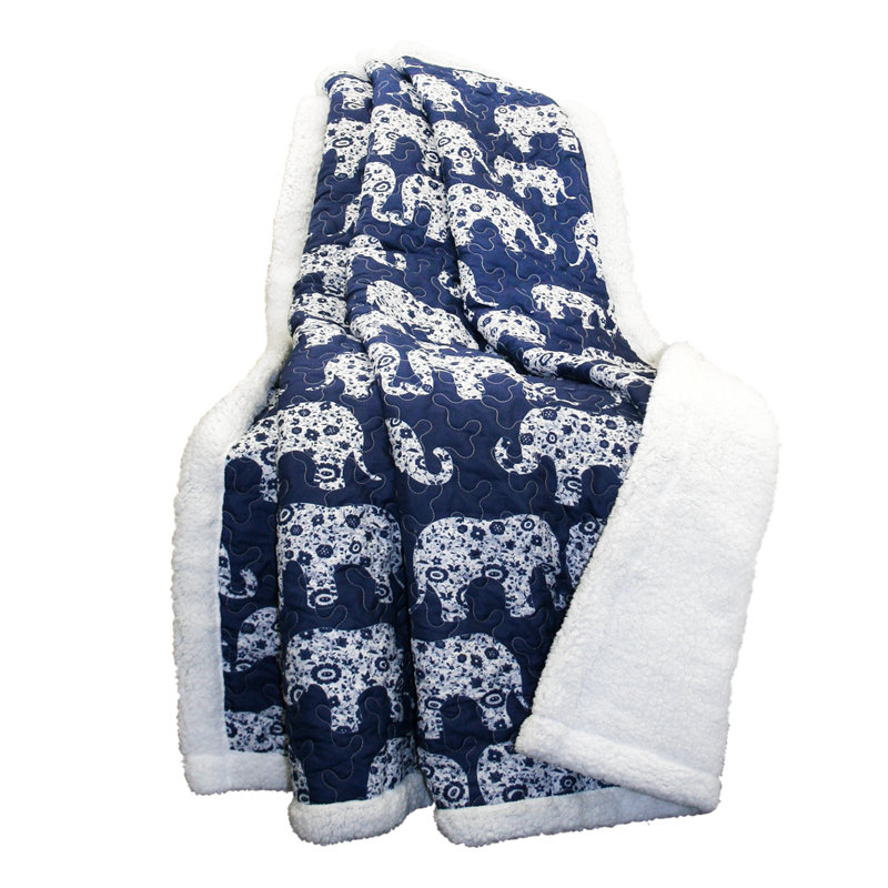 Navy Elephant Parade Reversible Sherpa Throw Blanket