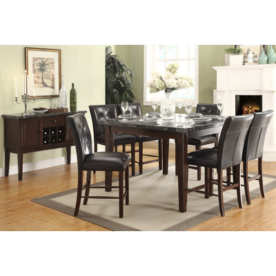 Dark Cherry Finish 7Pc Counter Height Set Marble Top Table With 6 Counter Height Chairs Dark Brown Faux Leather Upholstered Dining Kitchen Wooden Furn -  Wildon HomeÂ®, 4D7327AA7A6D498FA56ABF7DAE1A7825