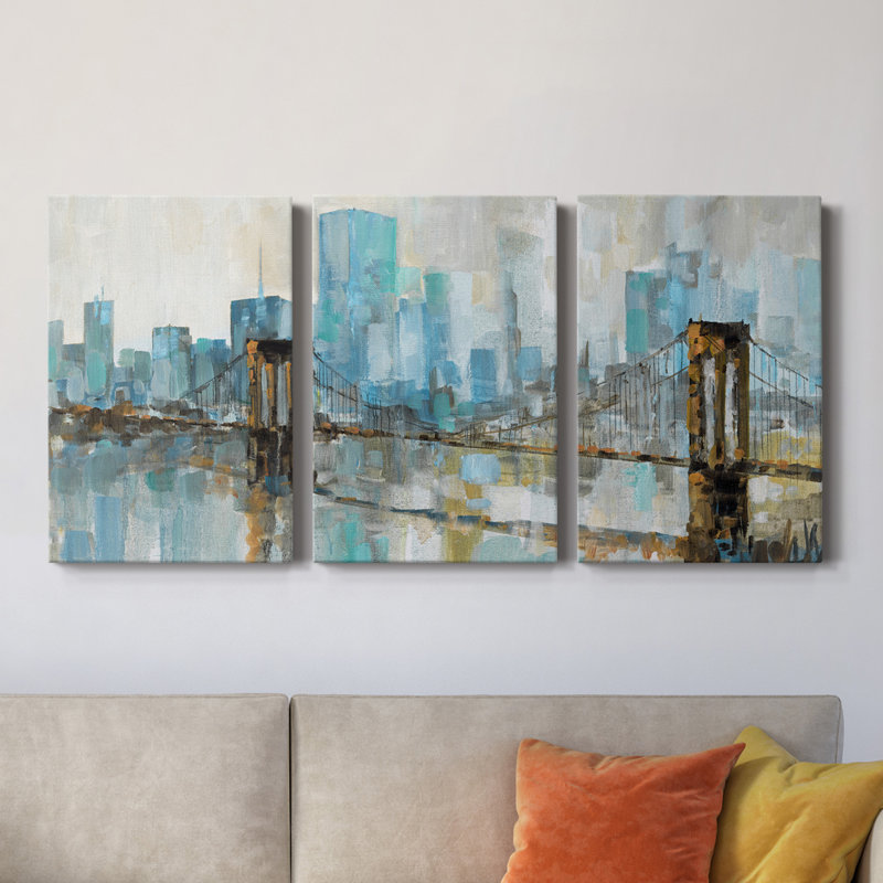 Teal City Shadows - Toile tendue avec châssis de qualité supérieure - Prêt à être accroché, H 60 po x l 120 po x P 1 po