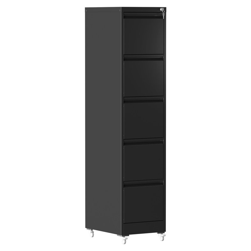 5 Drawer Metal Vertical File Cabinet With Lock And Wheels For Home Office, Adjustable Hanging Rods A4/Letter/Legal Size, Full - Retractable Slides, Construction In Black Wheels, Ample Room Smooth