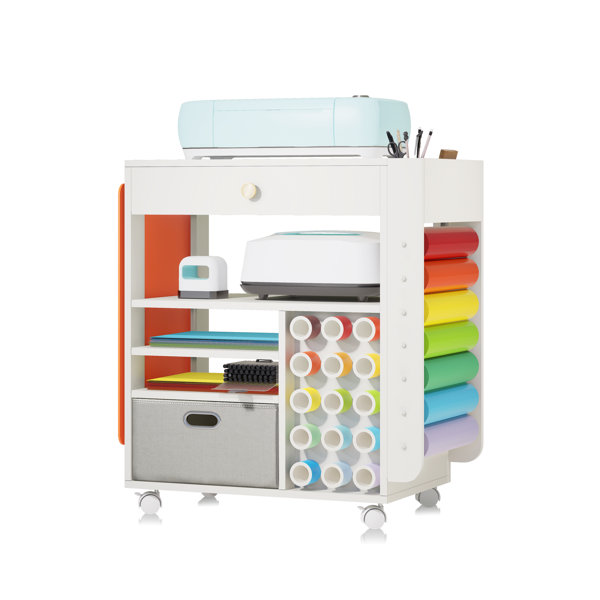 Chariot de rangement compatible avec les machines Cricut, chariot de bricolage à roulettes avec 12 supports de rouleaux de vinyle supplémentaires, organiseur de bureau, station de travail pour salle