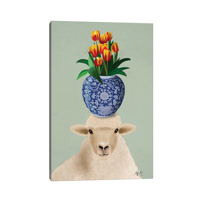Sheep And Tulips by Fab Funky - Wrapped Canvas Gallery-Wrapped Canvas Giclée, 20.32 cm H x 30.48 cm W