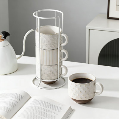 Stackable Ceramic Coffee Mug Set Of 4 With Stand, 15 Oz Large Latte Cups With Unique Embossed Designs For Cappuccino, Tea, And Hot Drinks - Dishwasher And Microwave Safe