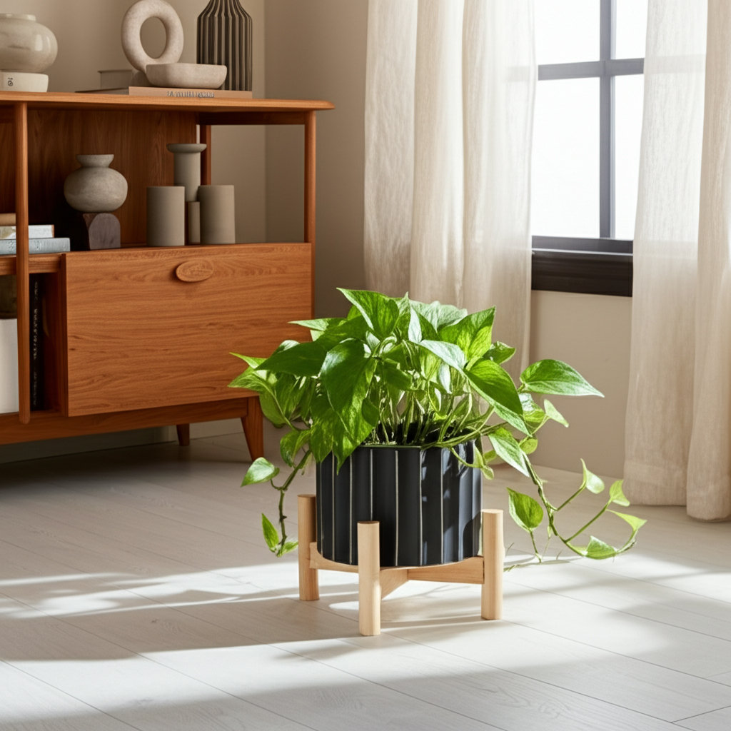 Ceramic Planter with Stand - Fluted Stoneware Pot and Pine Wood Base, Modern Decorative Plant Holder. Wade Logan® 