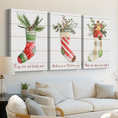 Comfy Cozy Stocking I  -Custom Wrapped Gallery Canvas - 3 Pieces
