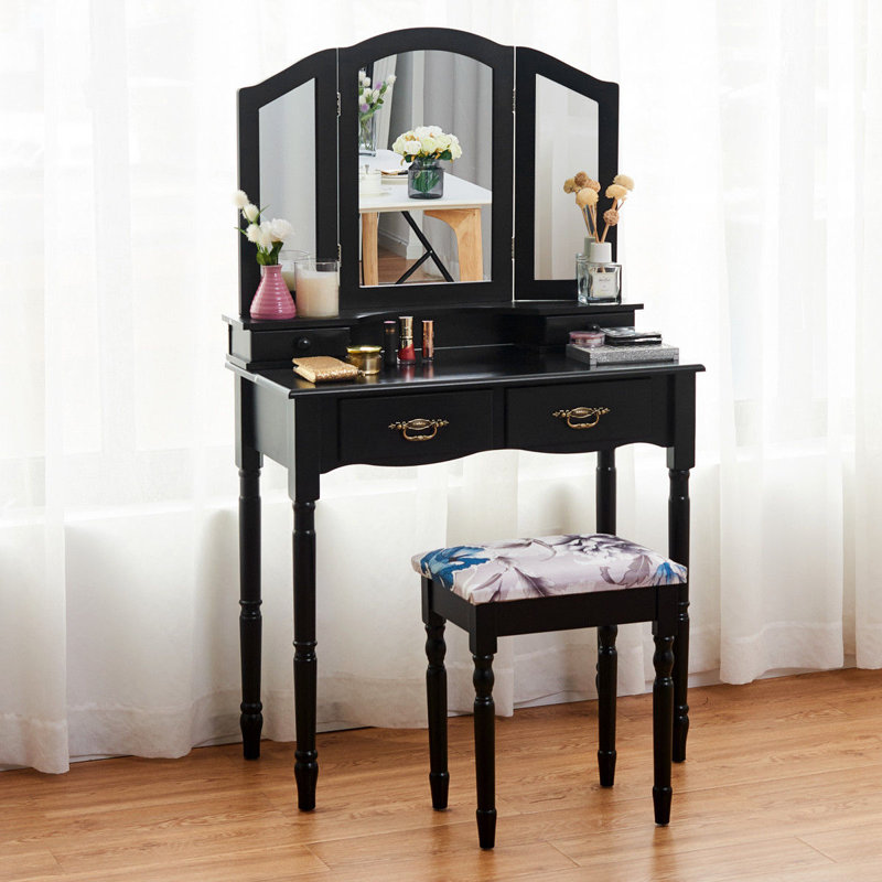 Ensemble coiffeuse avec tabouret et miroir Django, Noir