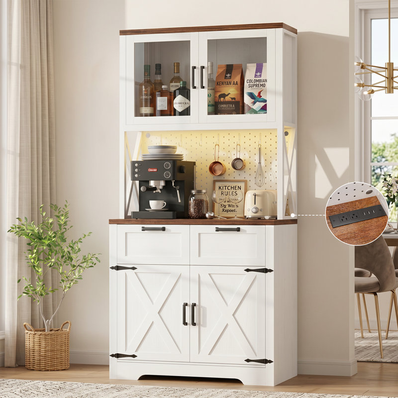 Armoire de rangement pour garde-manger de 71 po avec support pour micro-ondes, Blanc / rustique