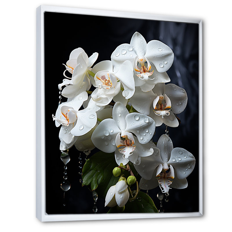 Pétales d'orchidées blanches élégantes sur toile, H 32 po x l 16 po x P 1 po, Cadre flottant blanc