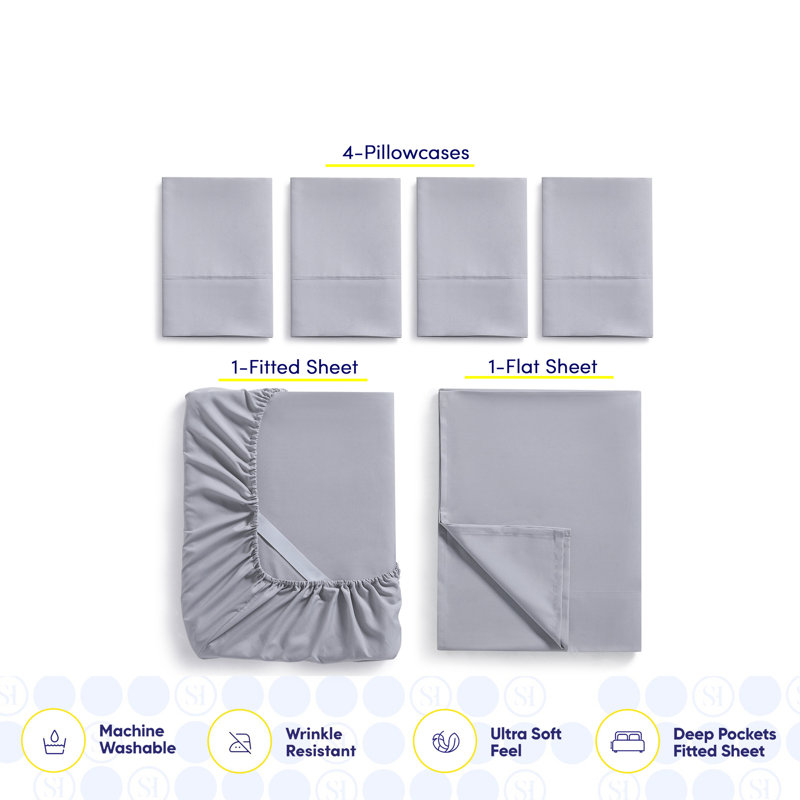 Ensemble de draps luxueux en microfibre douce avec taies d'oreiller en prime, Argent