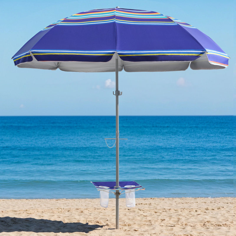 Parasol de plage de 84 po avec table intégrée avec ancre de sable et inclinaison, Rayé bleu / orange