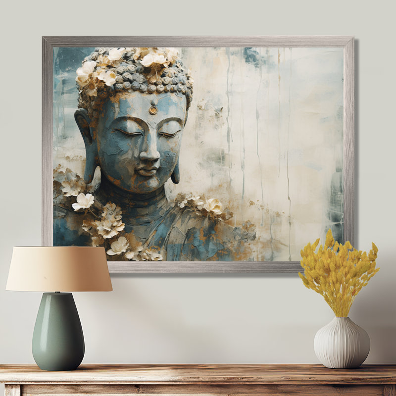 Statue de bouddhisme religieux - art mural bouddhisme, H 24 po x l 32 po x P 1 po, Cadre argenté