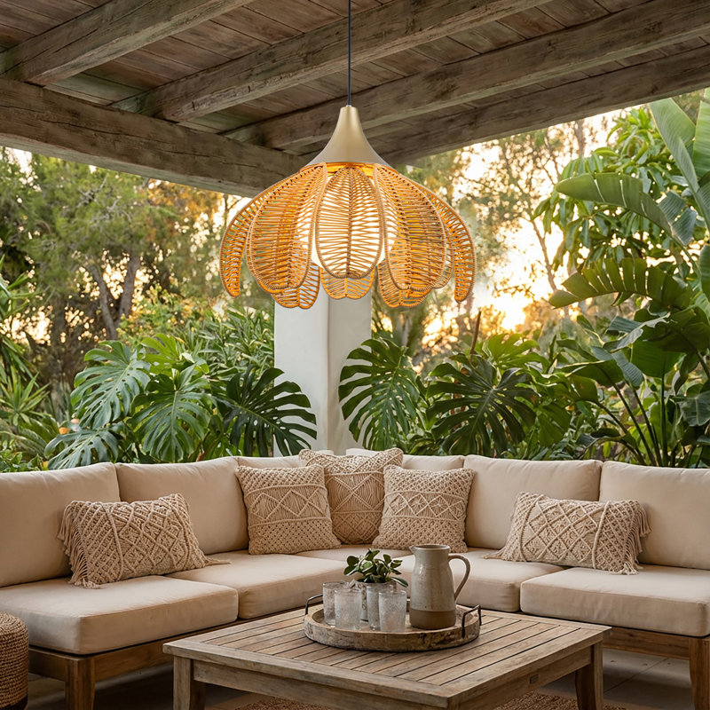 Luminaire suspendu en osier tressé à la main style floral bohème 1 lumière Coastal Boho, Tanné