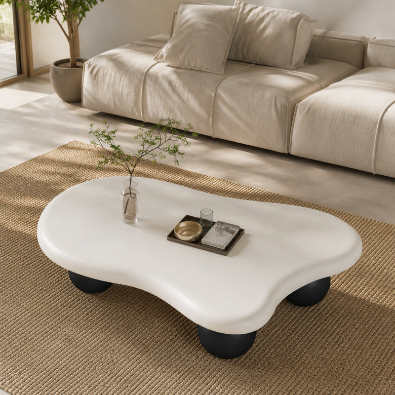 Table basse de 47 pouces en forme de nuage avec 3 pieds sphériques pour le salon, pieds blancs et pieds noirs