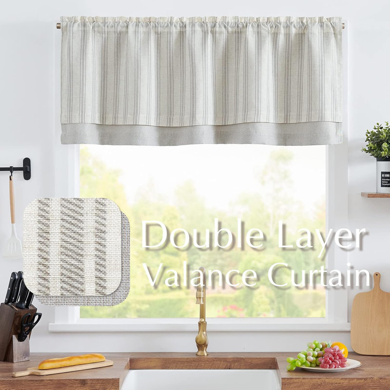 Linen Striped Valance Curtain Farmhouse Double Layer Valance, Light Gray