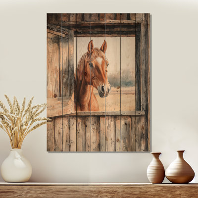 Horse Portrait At The Barn II - Horse Animal Wood Wall Decor - On Natural Pine Wood