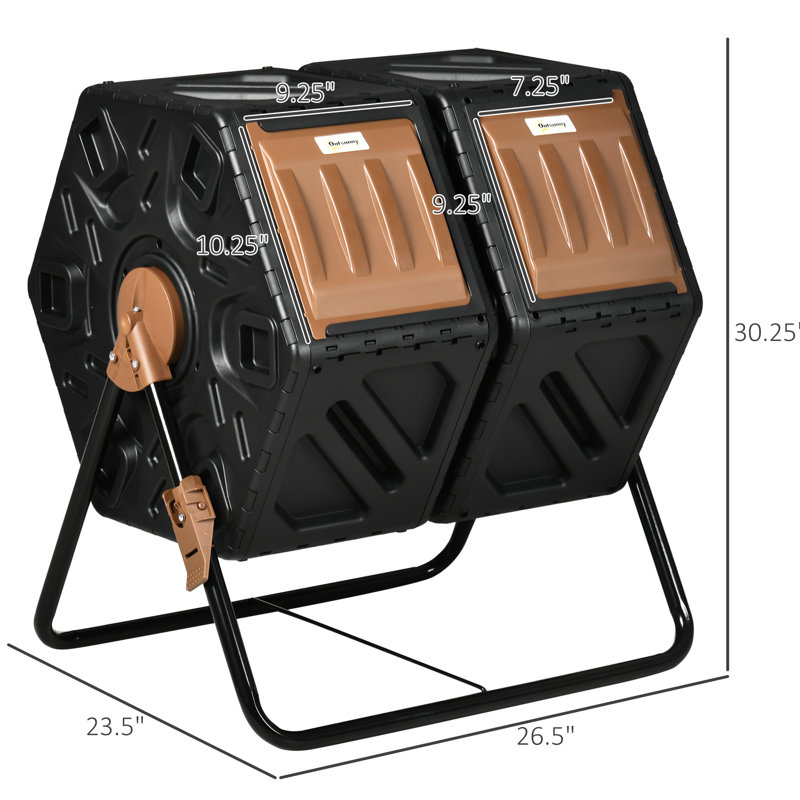 Bac à compost 34,5 gallons - Double chambre extérieure avec système de ventilation aérée et ouvertures en acier, pieds, rotatifs pour la matière organique