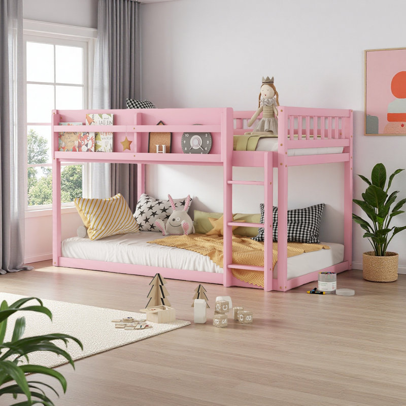Lit superposé bas simple au-dessus de simple, lit superposé au sol avec échelle, lit superposé simple en bois massif pour enfants et adolescents