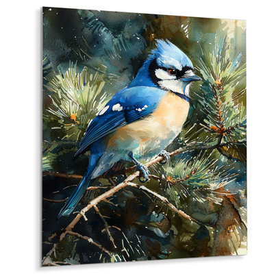 Geai bleu parmi les pins IV - reproduction d'art moderne en métal, décoration murale oiseau en métal
