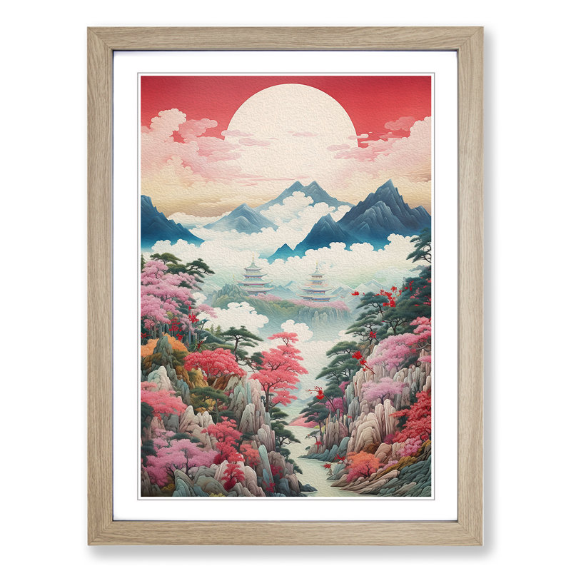 Japanese Mountains Rococo Art - Framed Print, 46cm H x 34cm W x 2cm D, Oak