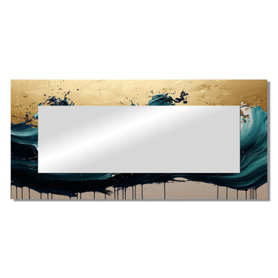 Emerald Stone On Golden Rhythmic Drizzle I - Liquid Ink Abstract Mirror Wall Art - Printed On Metal