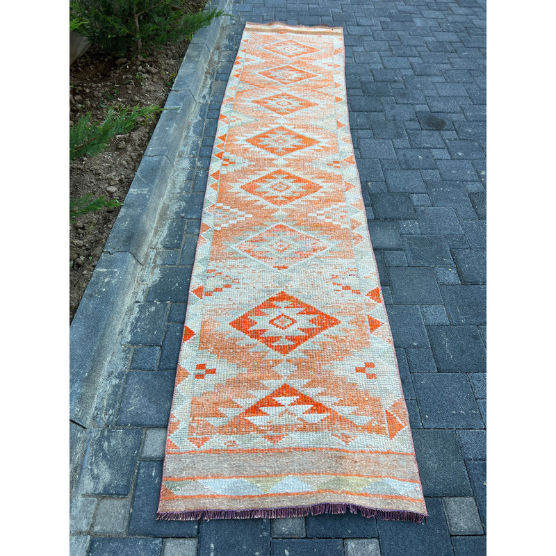 Tapis de couloir en laine à motif géométrique orange 31,5 x 143,7 pouces