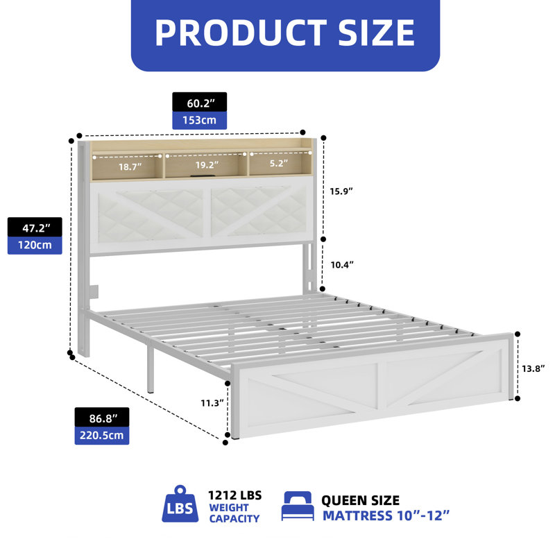 Diamond Rustic Upholstered Platform Bed, White, Queen