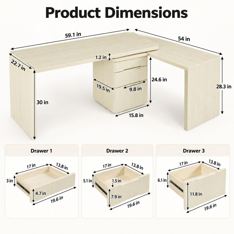 Bureau pivotant en L de 90 pouces avec tiroirs de rangement et espace de travail flexible, Natural