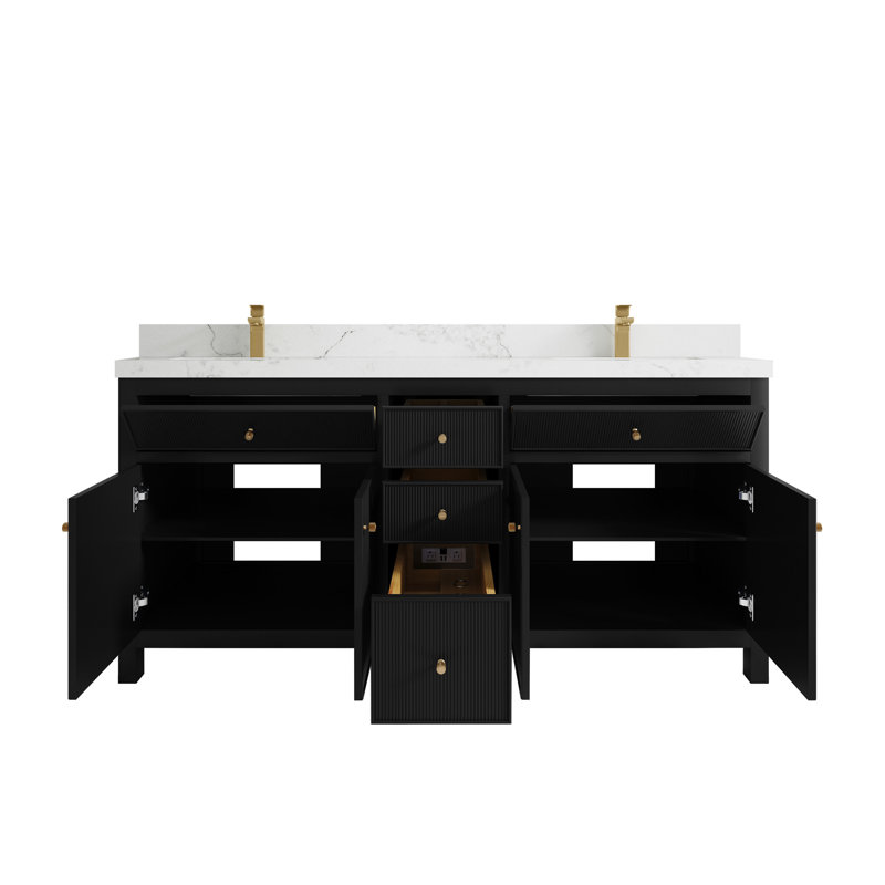 72'' Double Bathroom Vanity with Top, Black, Calacatta Nuvo