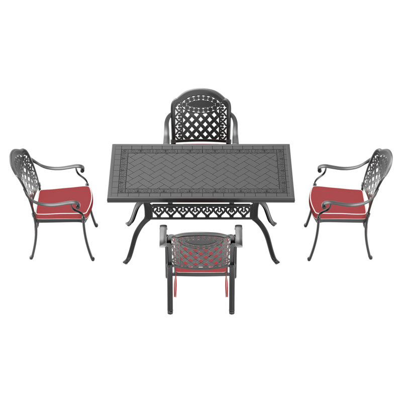 5-Piece Set Of Cast Aluminum Patio Furniture With Black Frame And Red Seat Cushions(Same Sku:W1710S00081)