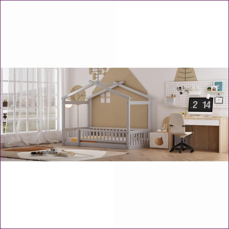 Structure de lit simple en pin massif gris avec clôture - Playful & amp; Robuste