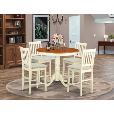5 Piece Counter Height Dining Table Set Includes a Round Wooden Table with Pedestal and 4 Linen Fabric Kitchen Dining Chairs, Buttermilk & Cherry